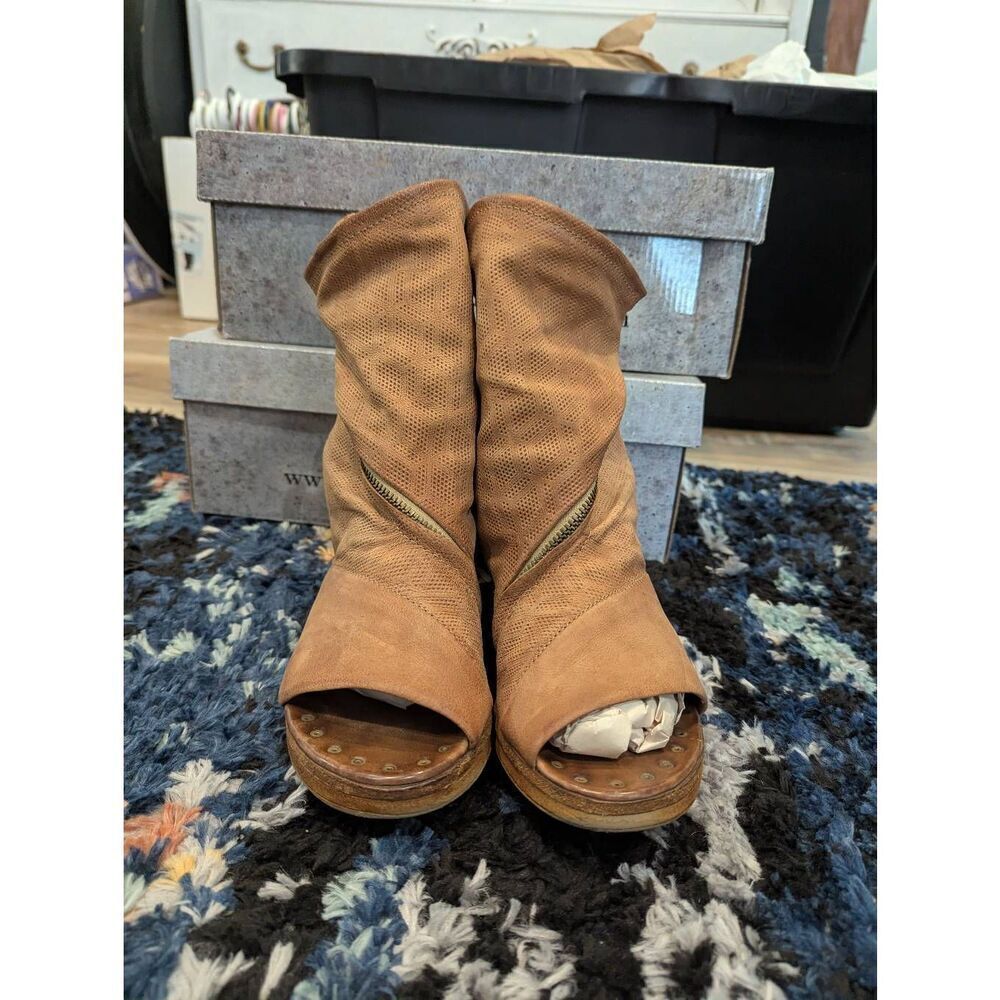 A.S.98 Brielle Bootie Sandals Tan Leather Slouch Peep Toe Zip EU 39 US 8.5–9 - Picture 2 of 9